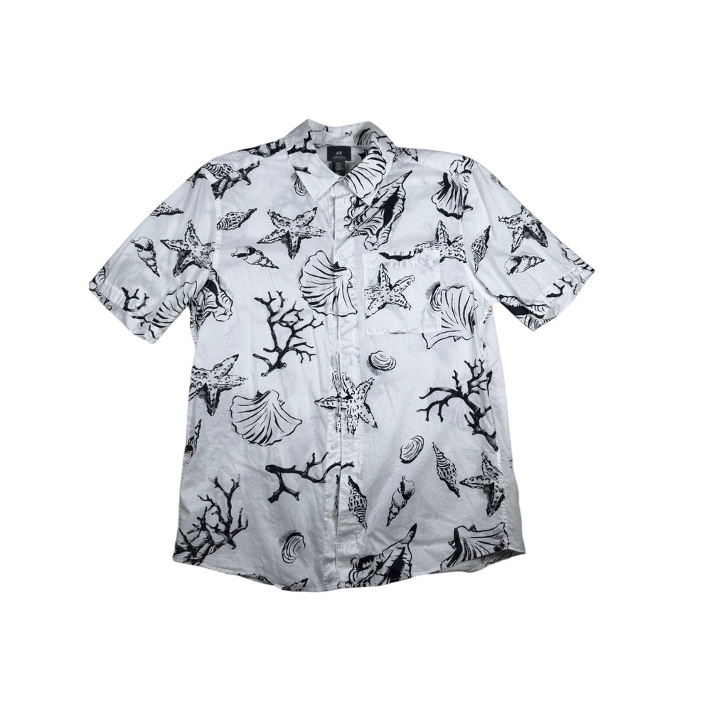 HM Mens Regular Fit Nautical Seashell Starfish Print Short Sleeve Shirt White M
